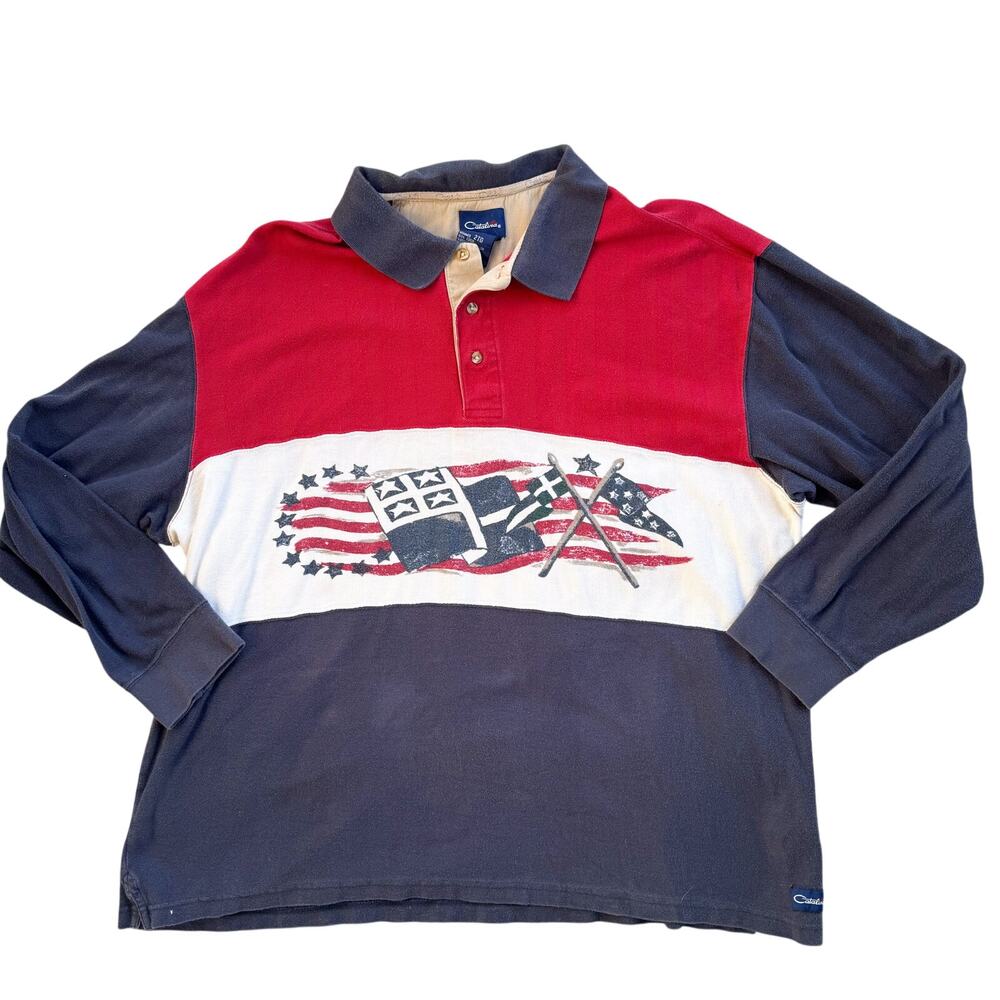 Vtg 1990s Catalina Nautical Flag Rugby Shirt – Colorblock Long Sleeve Polo 2XL